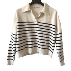 MNG By Mango BUTTONED COLLAR KNIT SWEATER Stripe Navy Cream Size XS